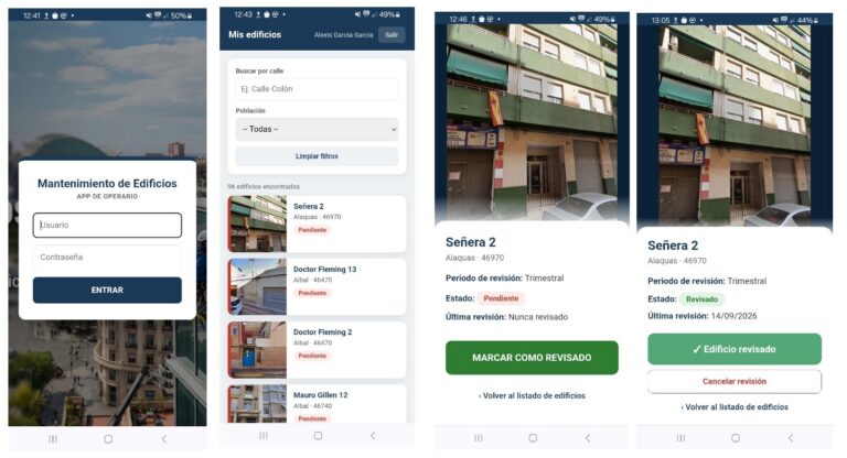 App PWA para móviles de los operarios de mantenimiento de edificios: inicio de sesión, listado de fincas y marcado de revisiones